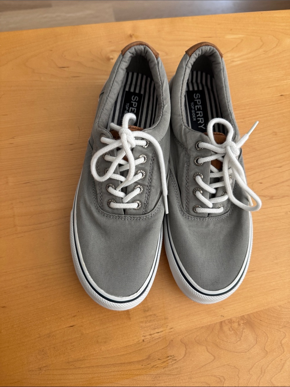 Sperry Men’s Gray Canvas Boat Shoes with White Laces and Tan Accents